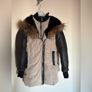 Sicily Black and Cream Puffer Jacket with real Fur small